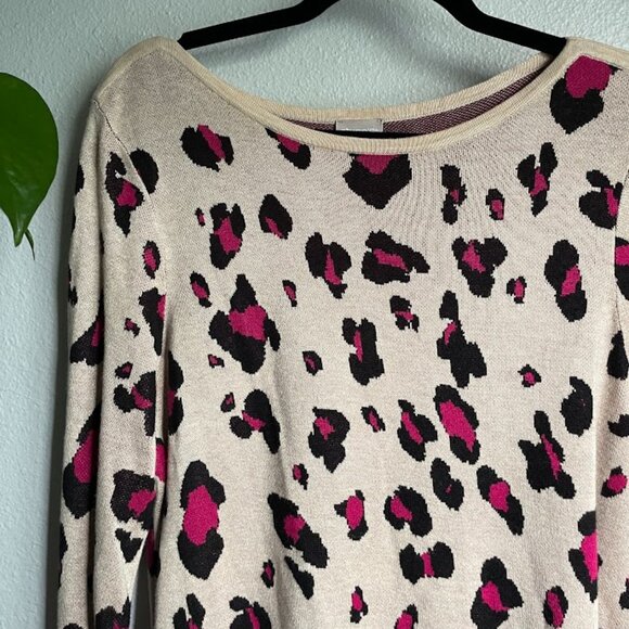 Chico's Textured Tan Pink Leopard Print Bateau-Neck Sweater Large - Picture 5 of 9